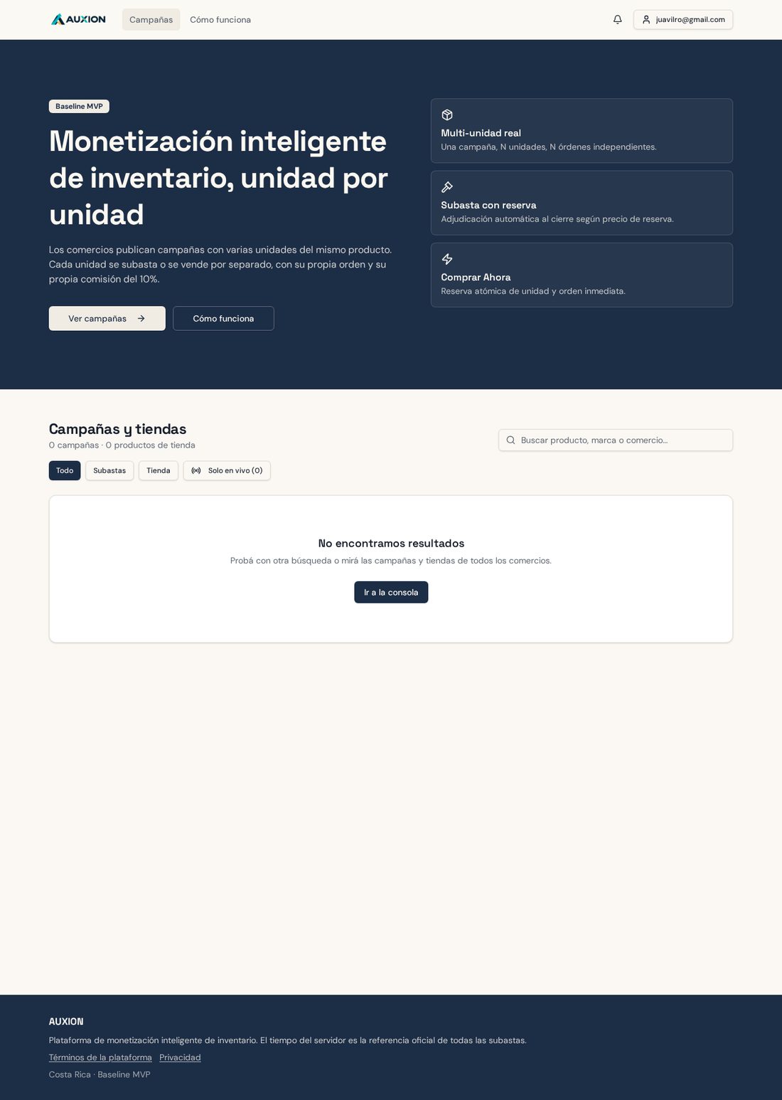 Página principal de AUXION con campañas y tiendas activas.