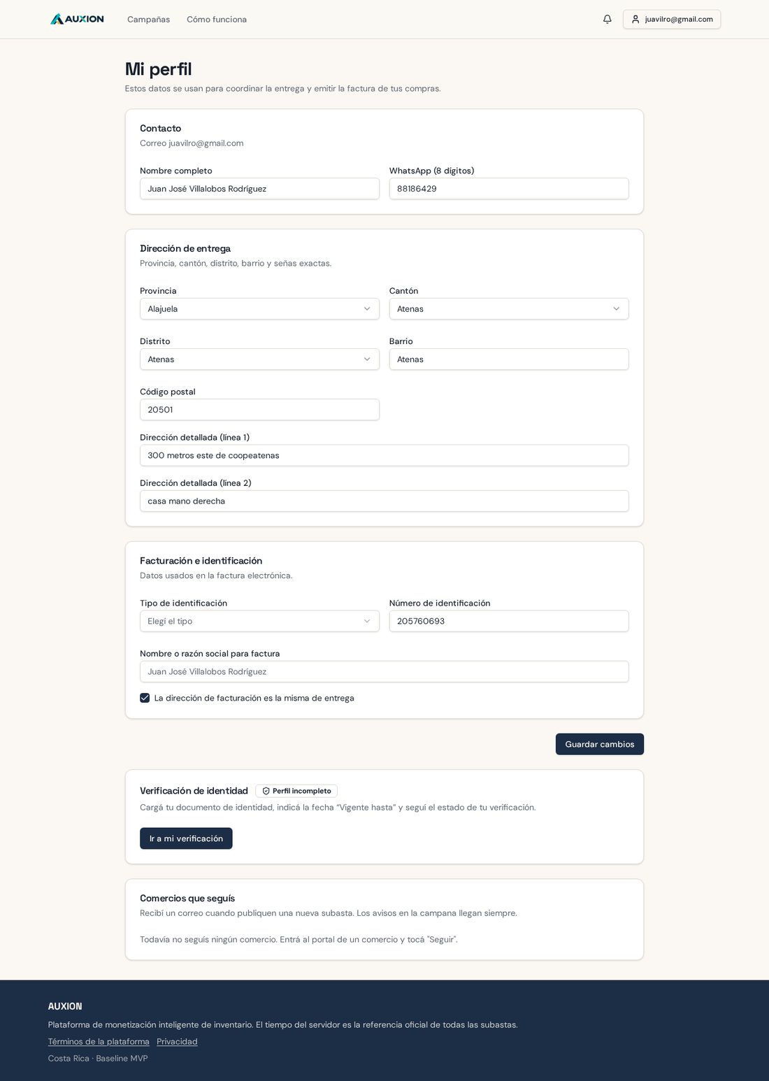Mi perfil: contacto, dirección de entrega y datos de facturación.