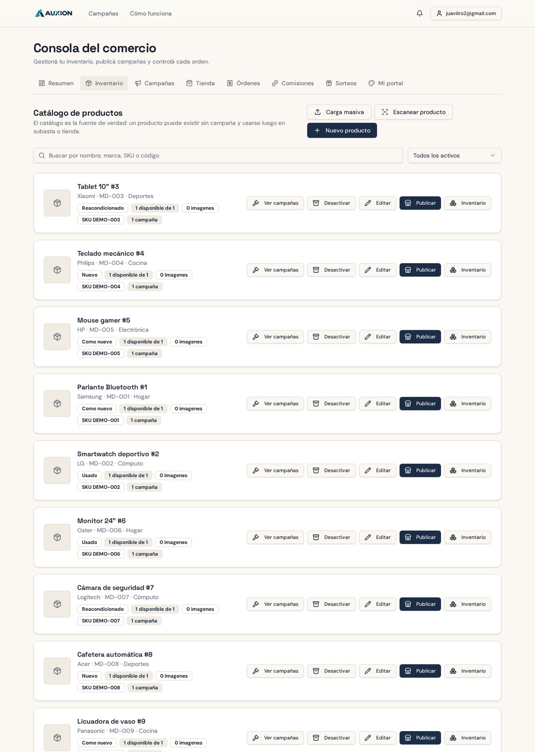 Catálogo de productos con acciones por producto.